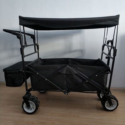 Siyah Katlanır Plaj Vagonu 600D Kapaklı ve İtme Saplı Katlanır Vagon